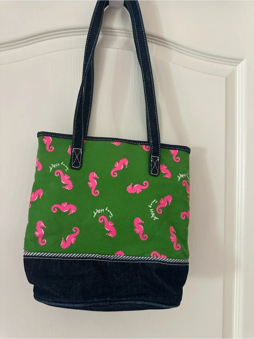Tommy Hilfiger Green Tote Bag with Pink Seahorse Print plus Free Belt